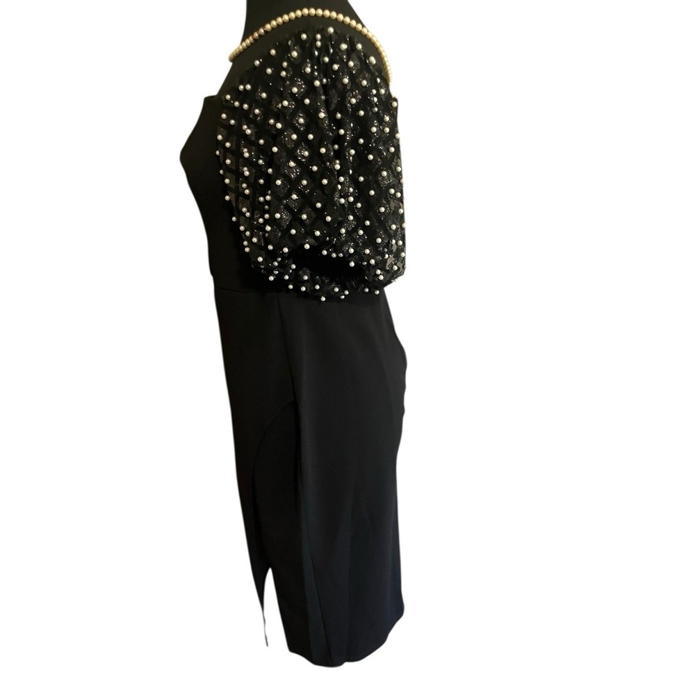 Black Cocktail Prom Party Guest Dress Puff Faux Pearl Sleeves Side Slit Size 16 - Picture 4 of 7
